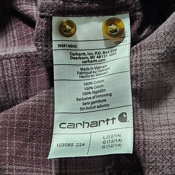 Carhartt Plaid Button Front Shirt Womens Size Large Purple Roll Tab Sleeve - Picture 7 of 7